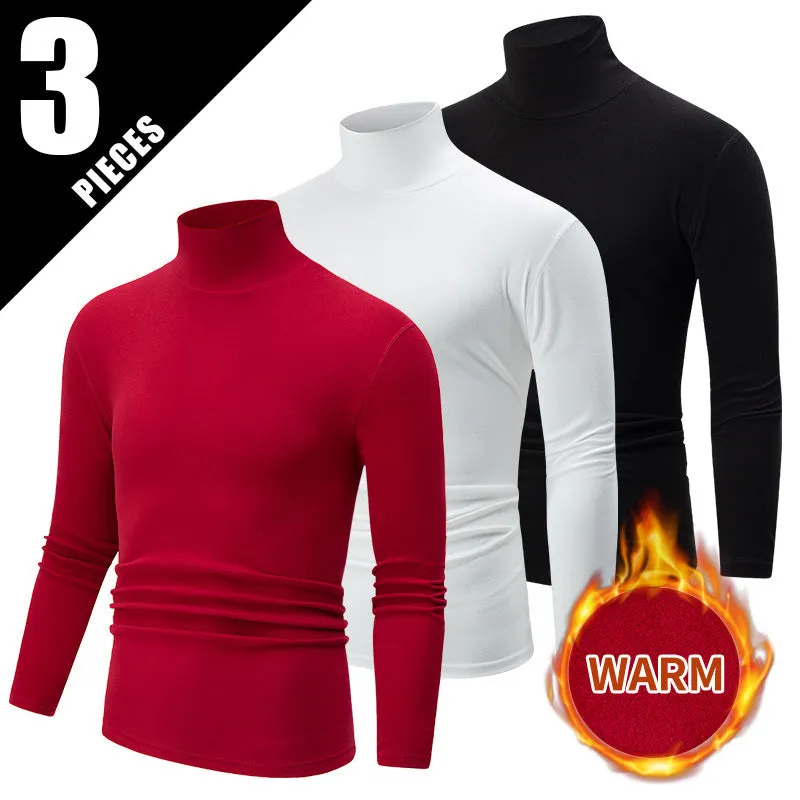 Men's solid colour high-neck polyester base layer top in black, long sleeves, thick fabric for winter warmth