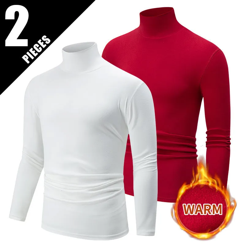 Men's solid colour high-neck polyester base layer top in black, long sleeves, thick fabric for winter warmth