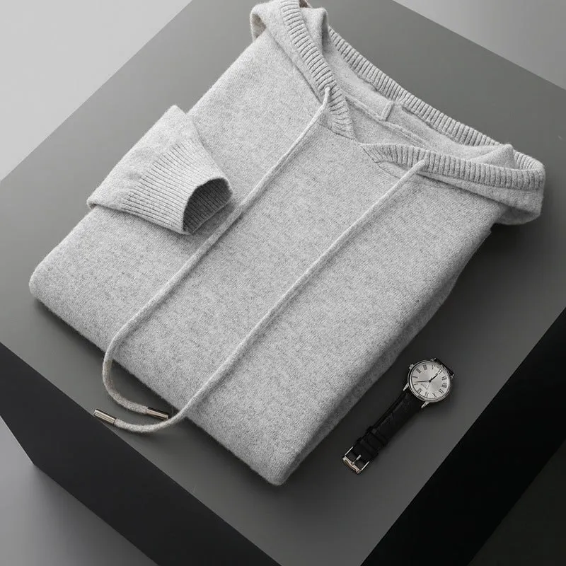 Men's thick knitted hooded sweater in solid colour, loose fit, plus size, winter pullover top