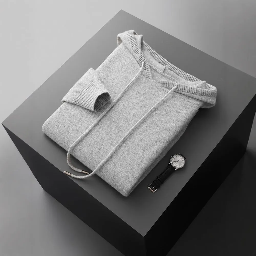 Men's thick knitted hooded sweater in solid colour, loose fit, plus size, winter pullover top