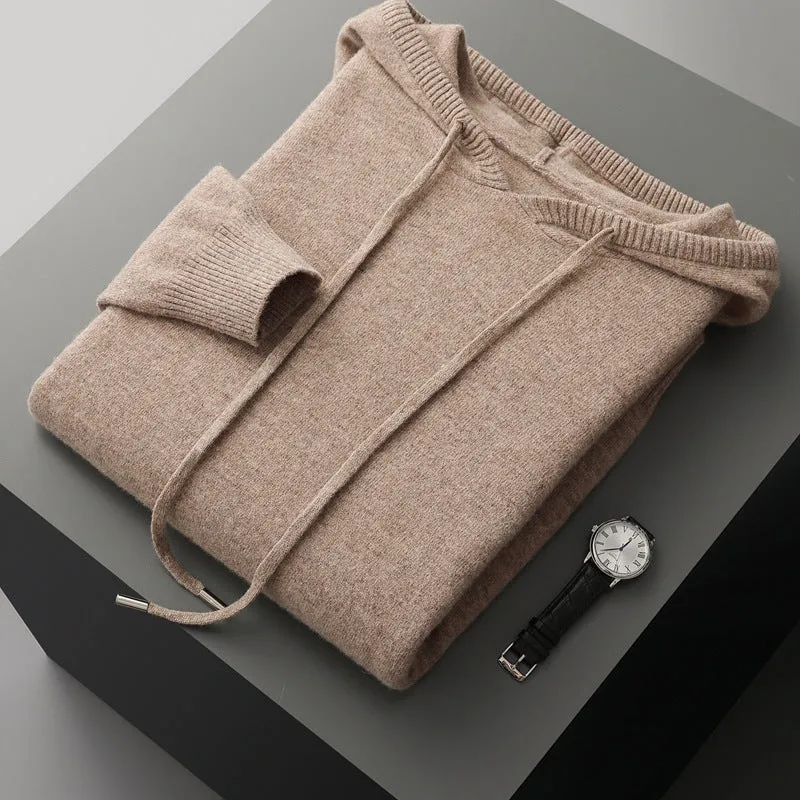 Men's thick knitted hooded sweater in solid colour, loose fit, plus size, winter pullover top
