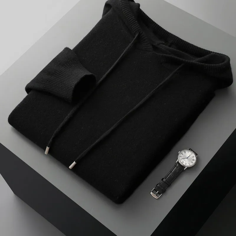 Men's thick knitted hooded sweater in solid colour, loose fit, plus size, winter pullover top