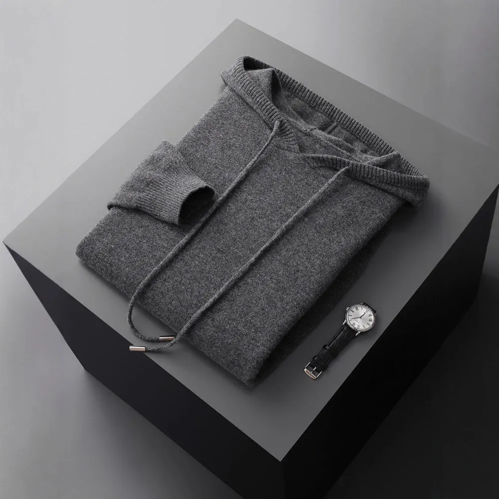 Men's thick knitted hooded sweater in solid colour, loose fit, plus size, winter pullover top
