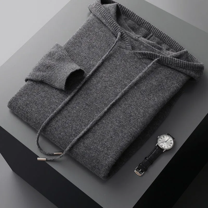 Men's thick knitted hooded sweater in solid colour, loose fit, plus size, winter pullover top
