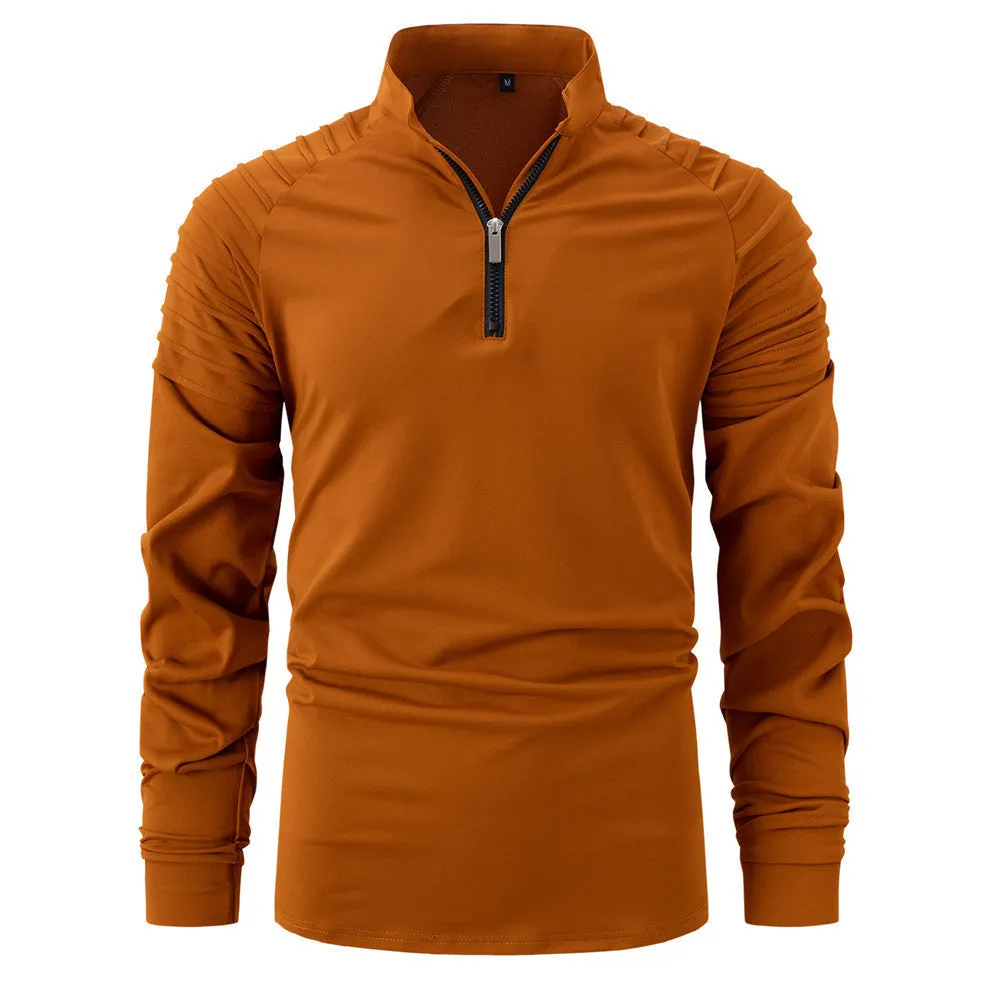 Spring autumn men's cotton blend slim fit long sleeve zipper polo shirt in army green