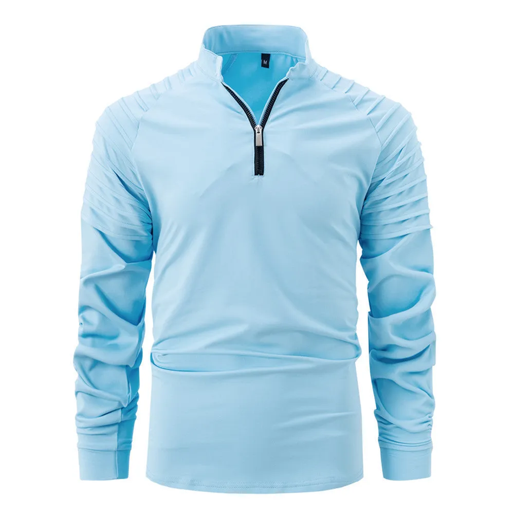 Spring autumn men's cotton blend slim fit long sleeve zipper polo shirt in army green