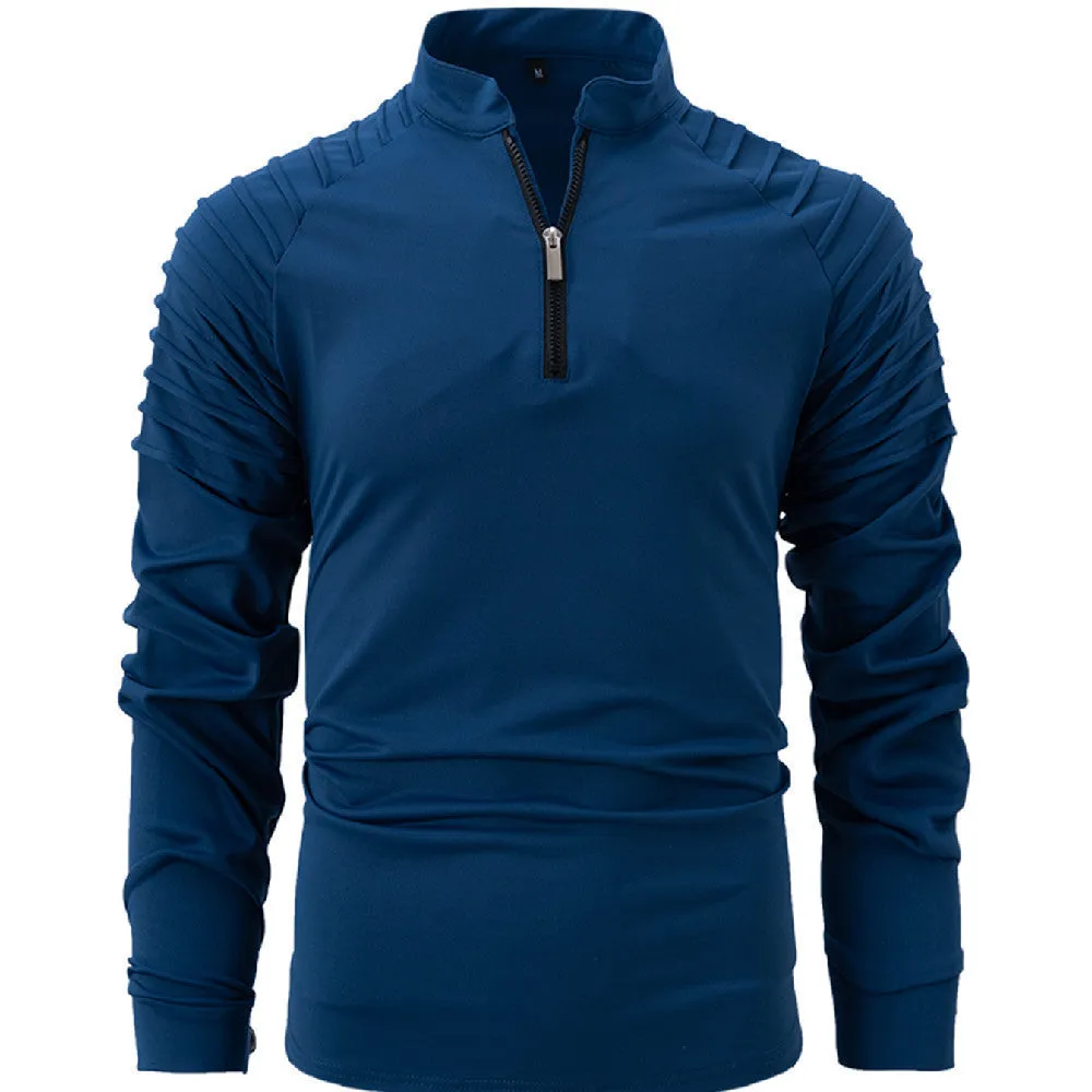 Spring autumn men's cotton blend slim fit long sleeve zipper polo shirt in army green