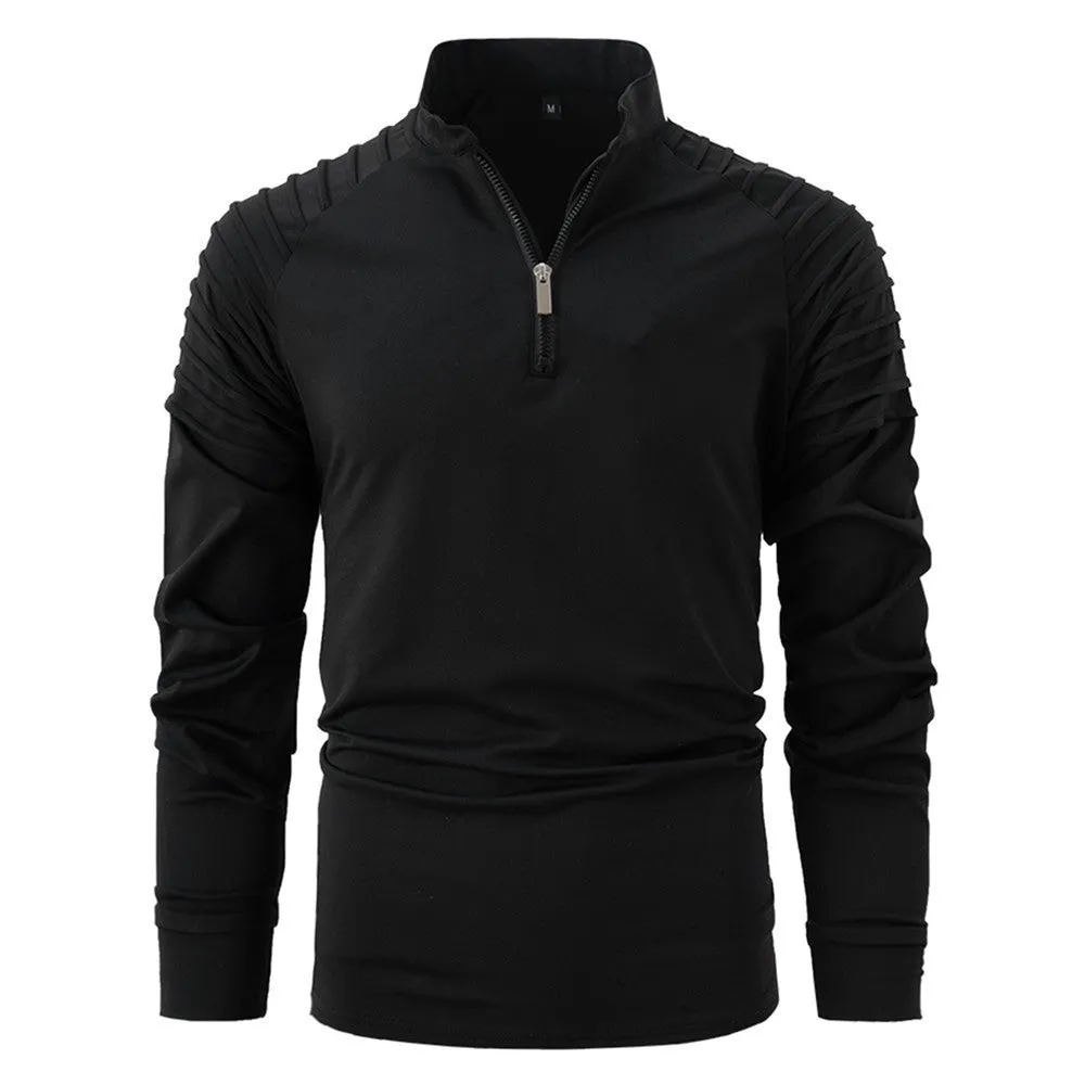 Spring autumn men's cotton blend slim fit long sleeve zipper polo shirt in army green