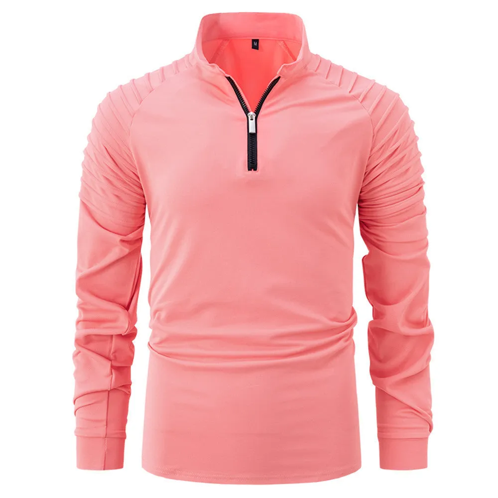 Spring autumn men's cotton blend slim fit long sleeve zipper polo shirt in army green