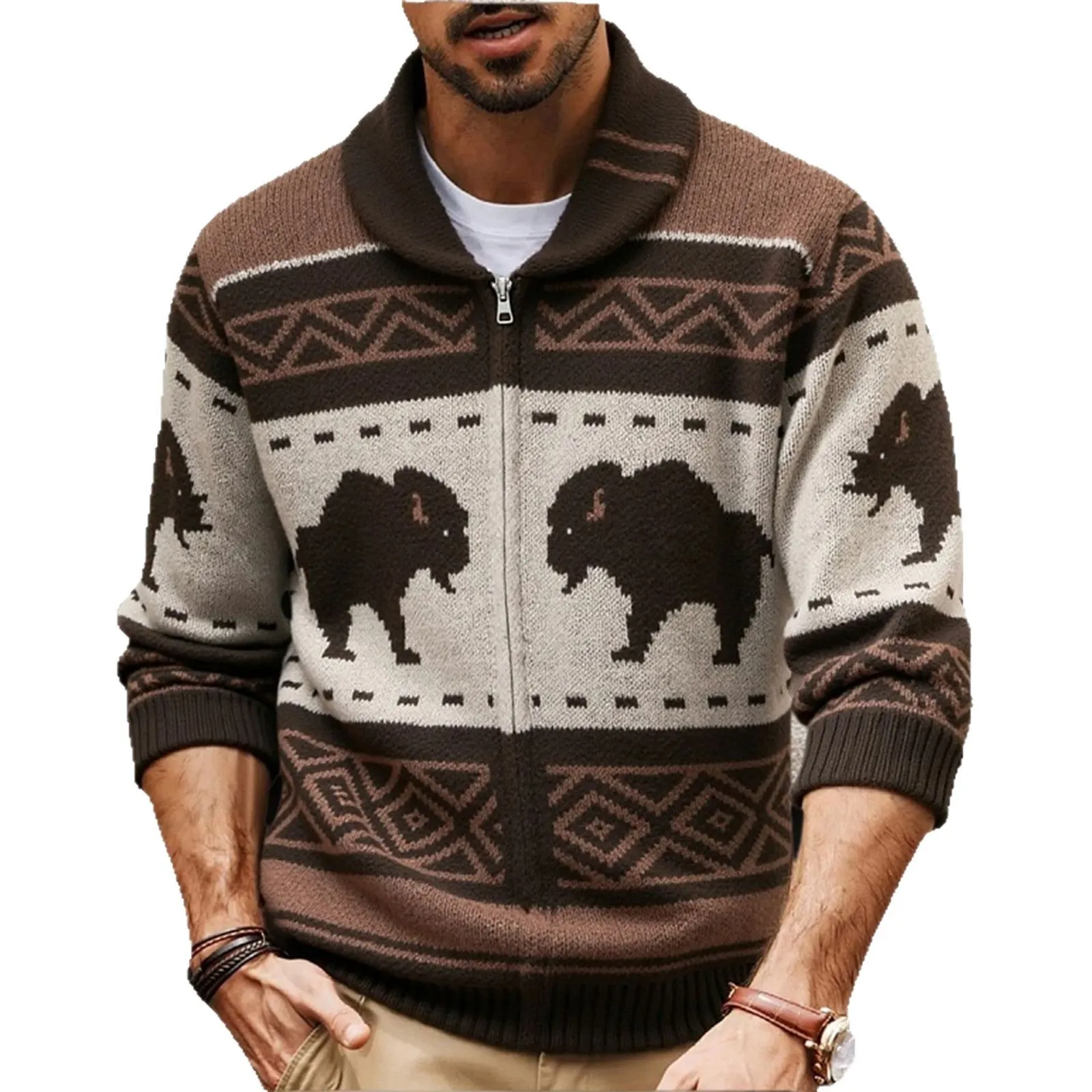 Men's brown retro jacquard knit cardigan with long sleeves, thickened polyester fabric, straight fit