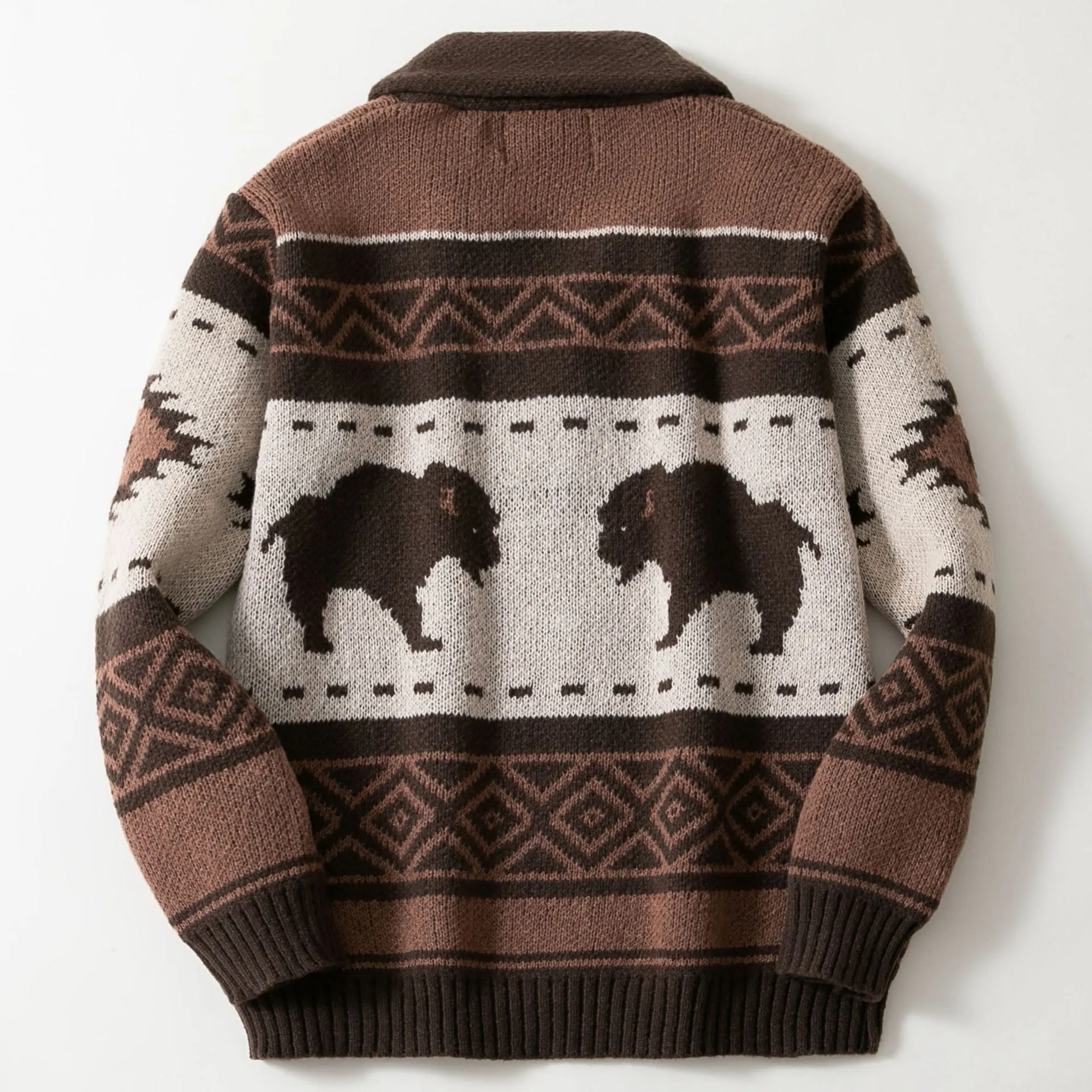 Men's brown retro jacquard knit cardigan with long sleeves, thickened polyester fabric, straight fit