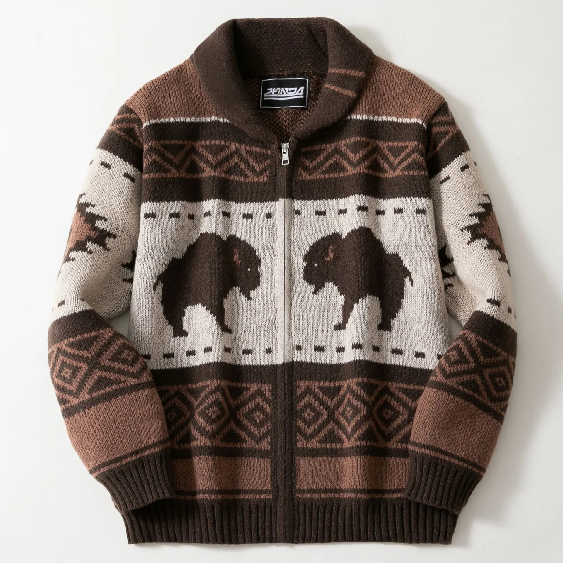 Men's brown retro jacquard knit cardigan with long sleeves, thickened polyester fabric, straight fit