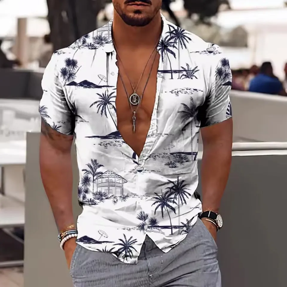 Man wearing a loose-fit short sleeve floral print shirt in a cardigan style