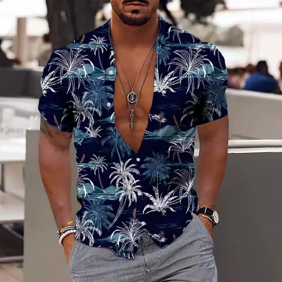 Man wearing a loose-fit short sleeve floral print shirt in a cardigan style