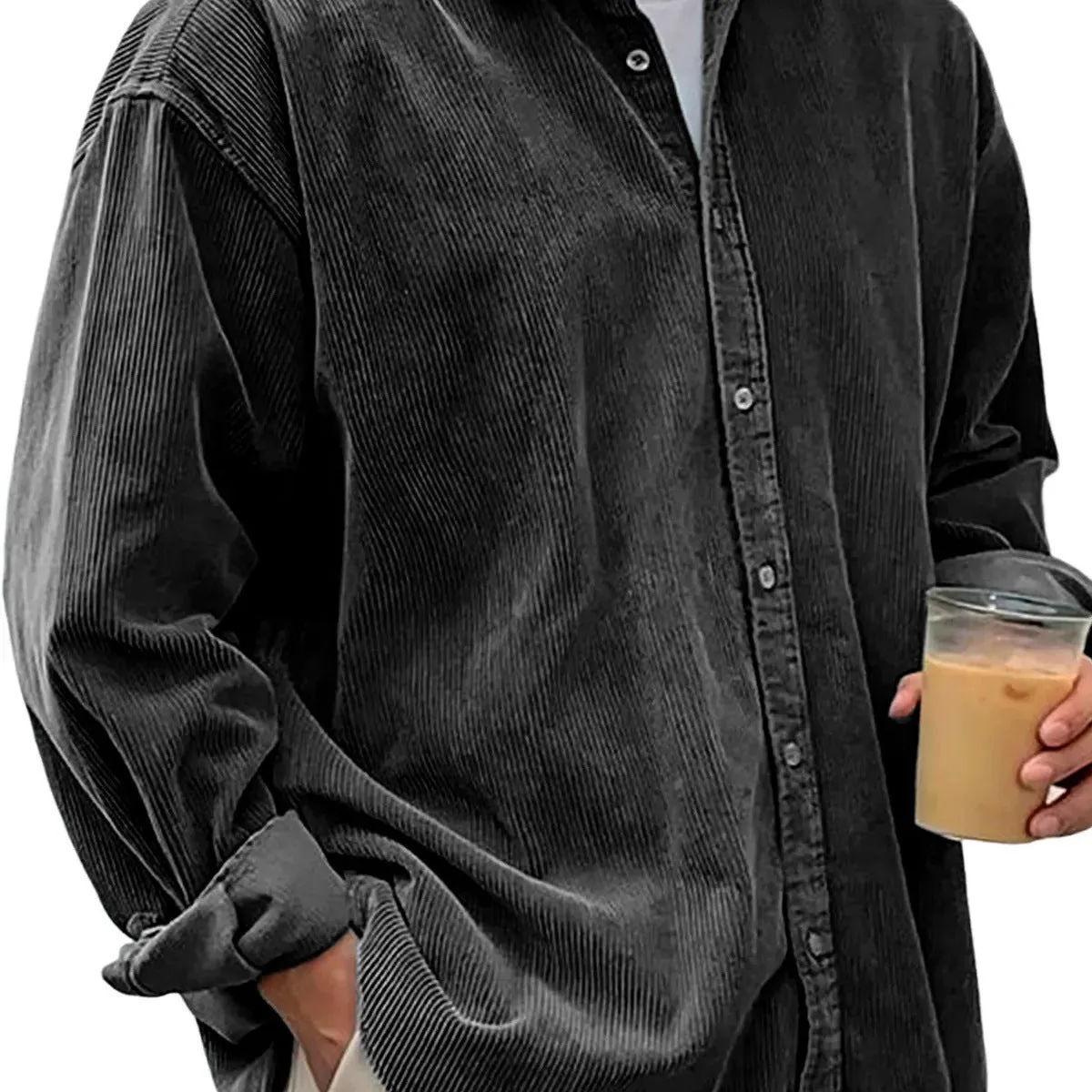 Men's casual loose corduroy shirt jacket solid colour autumn winter thick cardigan in gray, black, white, khaki, green, peacock green, navy blue