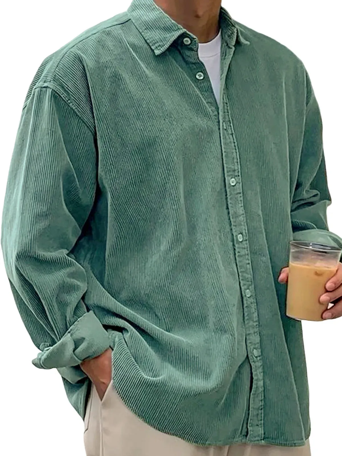 Men's casual loose corduroy shirt jacket solid colour autumn winter thick cardigan in gray, black, white, khaki, green, peacock green, navy blue