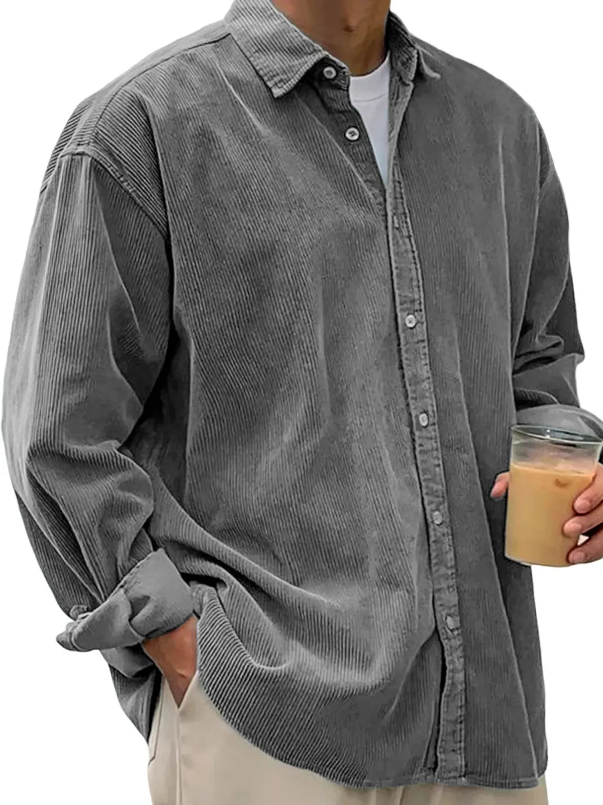 Men's casual loose corduroy shirt jacket solid colour autumn winter thick cardigan in gray, black, white, khaki, green, peacock green, navy blue