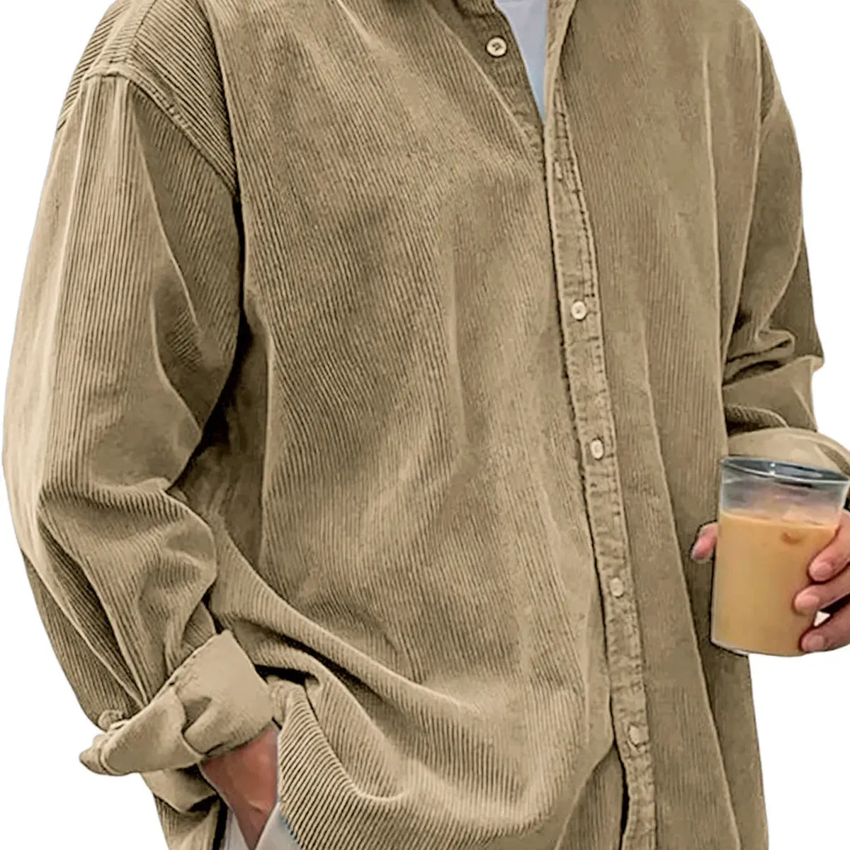 Men's casual loose corduroy shirt jacket solid colour autumn winter thick cardigan in gray, black, white, khaki, green, peacock green, navy blue