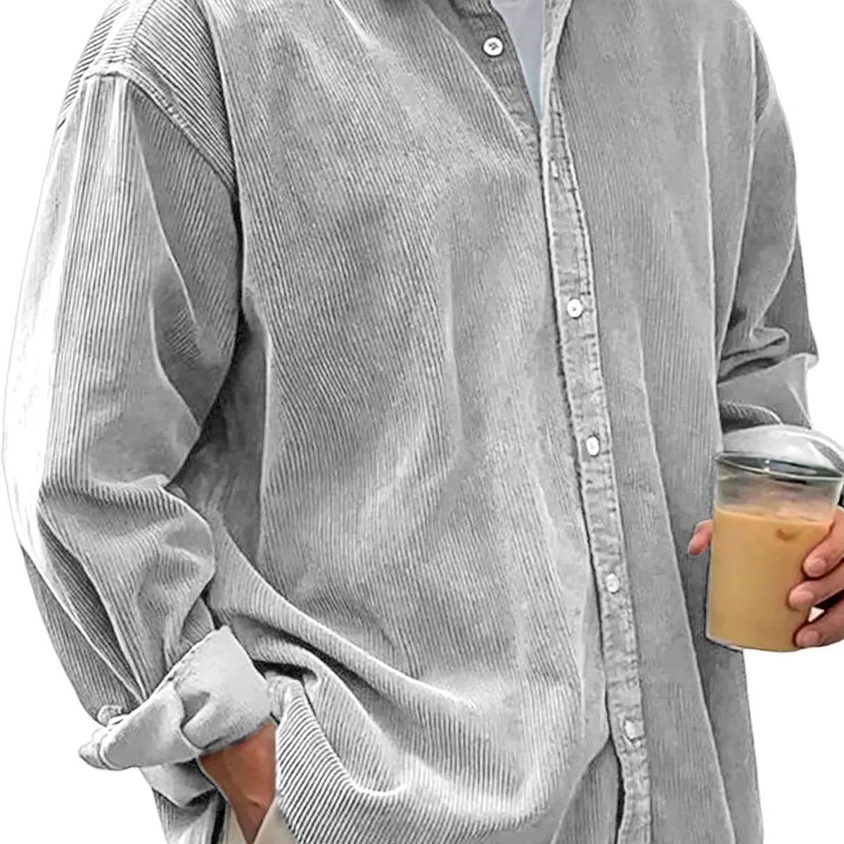 Men's casual loose corduroy shirt jacket solid colour autumn winter thick cardigan in gray, black, white, khaki, green, peacock green, navy blue