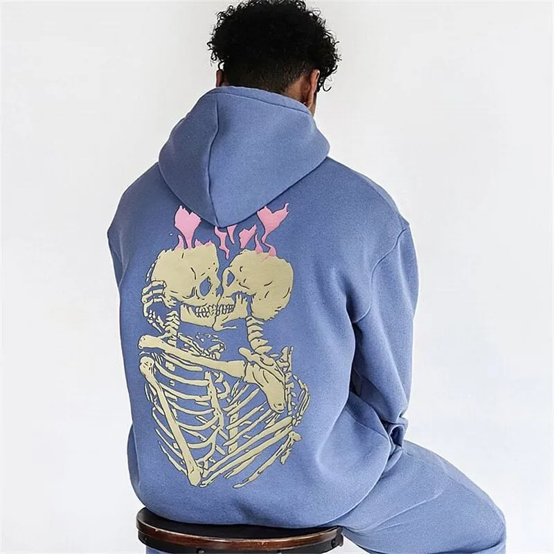 Men's casual loose-fitting printed hoodie in khaki colour, side view on model