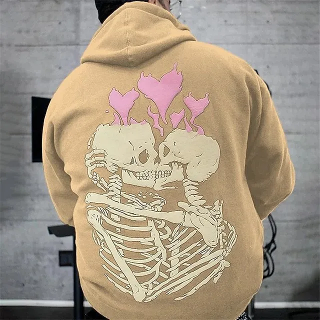 Men's casual loose-fitting printed hoodie in khaki colour, side view on model