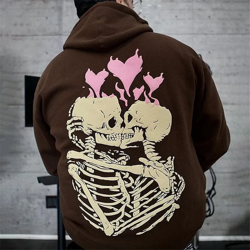 Men's casual loose-fitting printed hoodie in khaki colour, side view on model