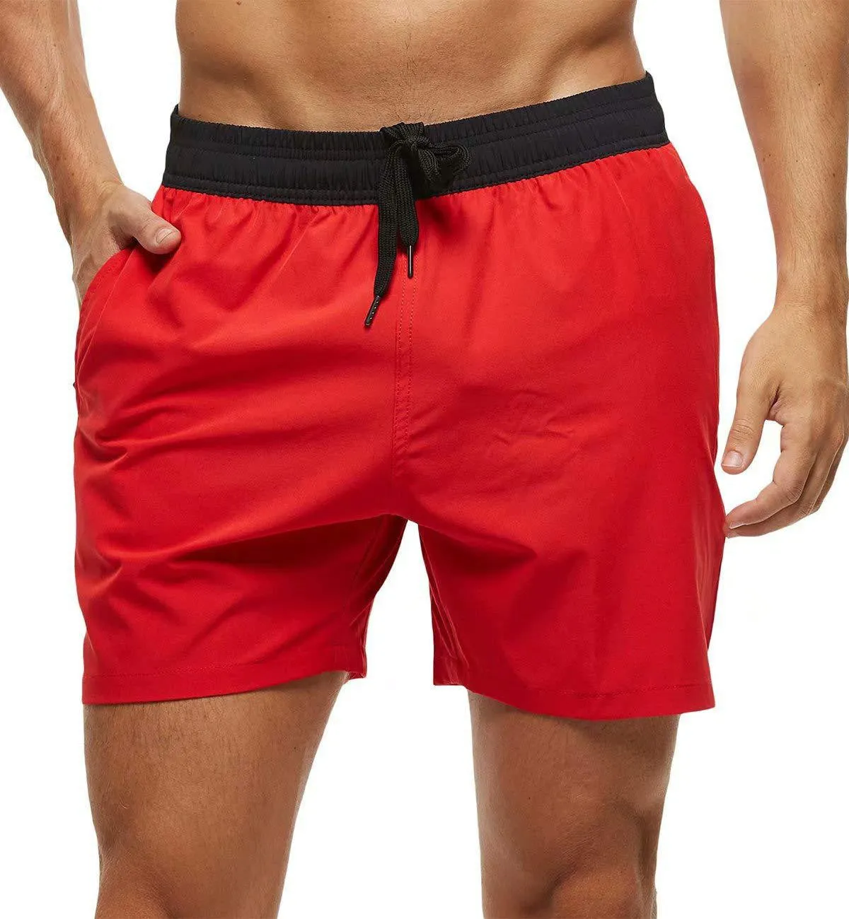 Men's blue stitching waist training shorts with zipper pockets and a drawstring, laid flat.