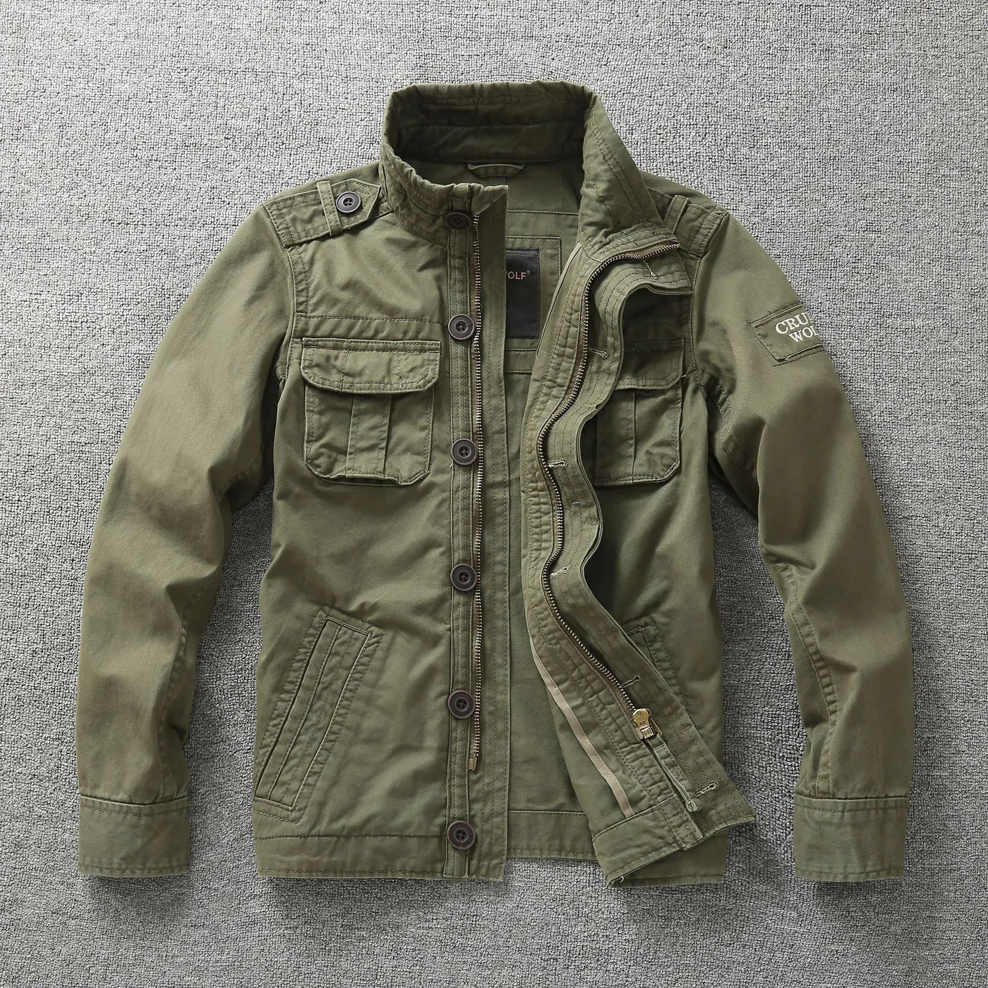 Autumn men's cotton camouflage work jacket in green camouflage, loose fit, front view
