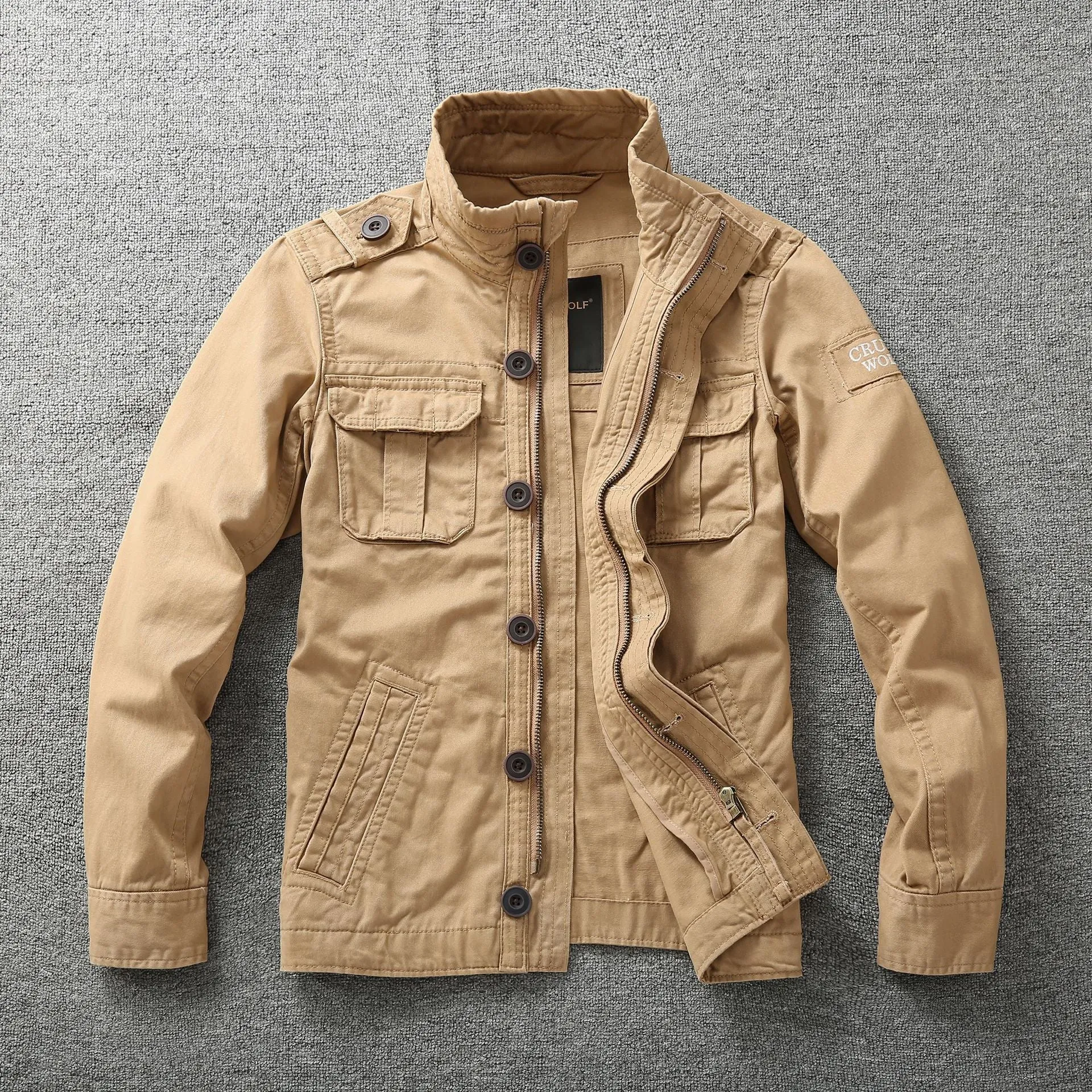 Autumn men's cotton camouflage work jacket in green camouflage, loose fit, front view