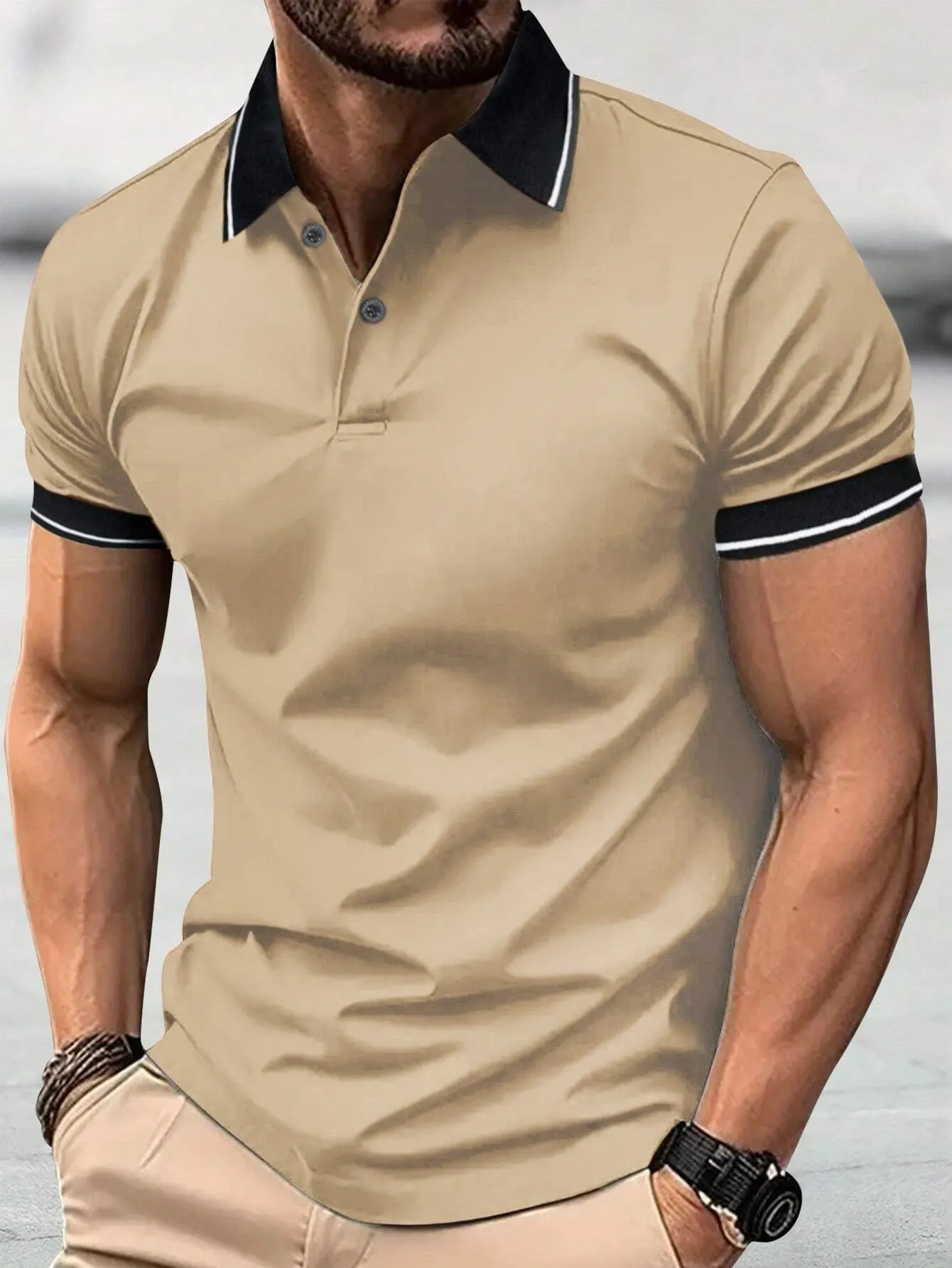Men's casual button short sleeve business lapel shirt in solid colour polyester – black, khaki, light gray, red
