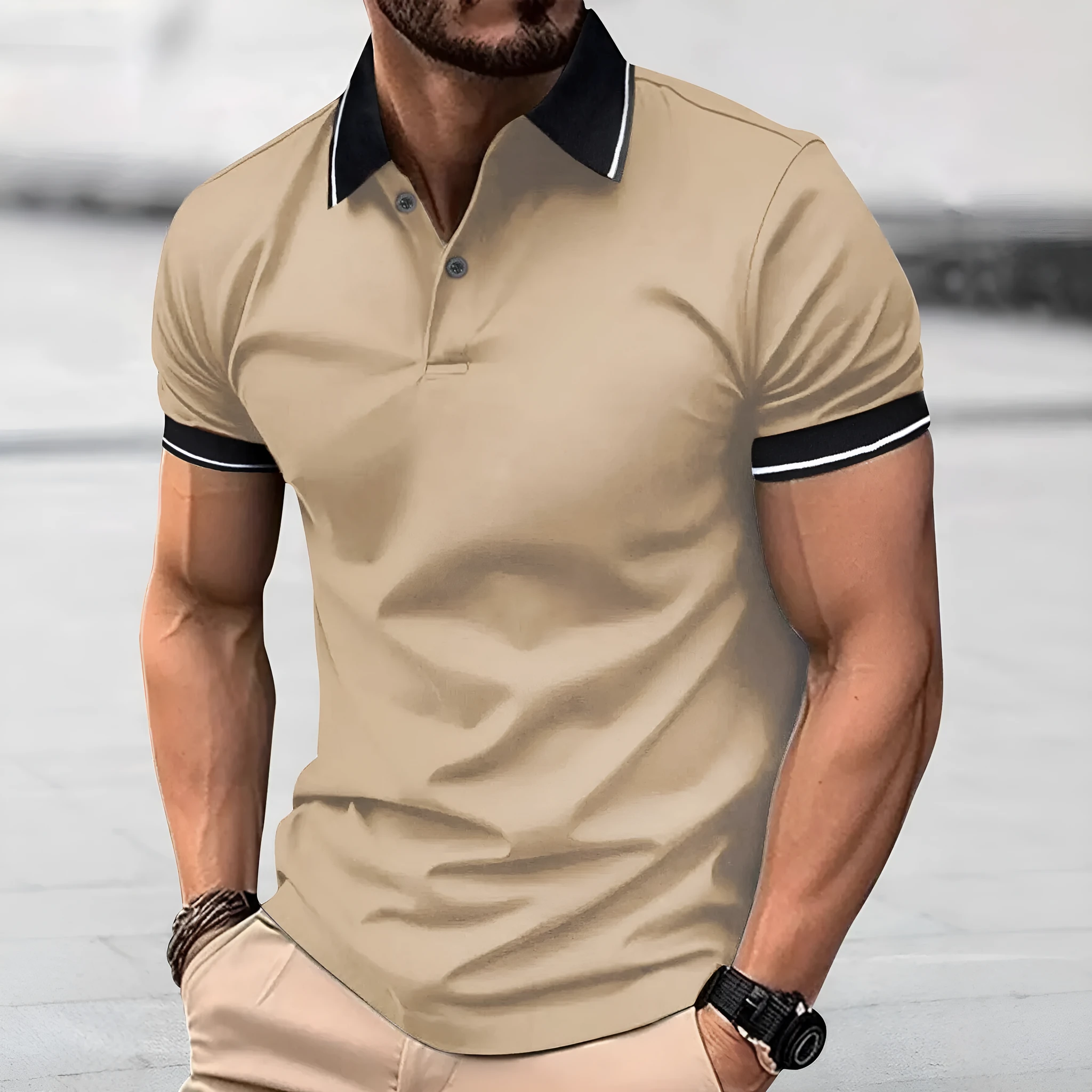 Men's casual button short sleeve business lapel shirt in solid colour polyester – black, khaki, light gray, red