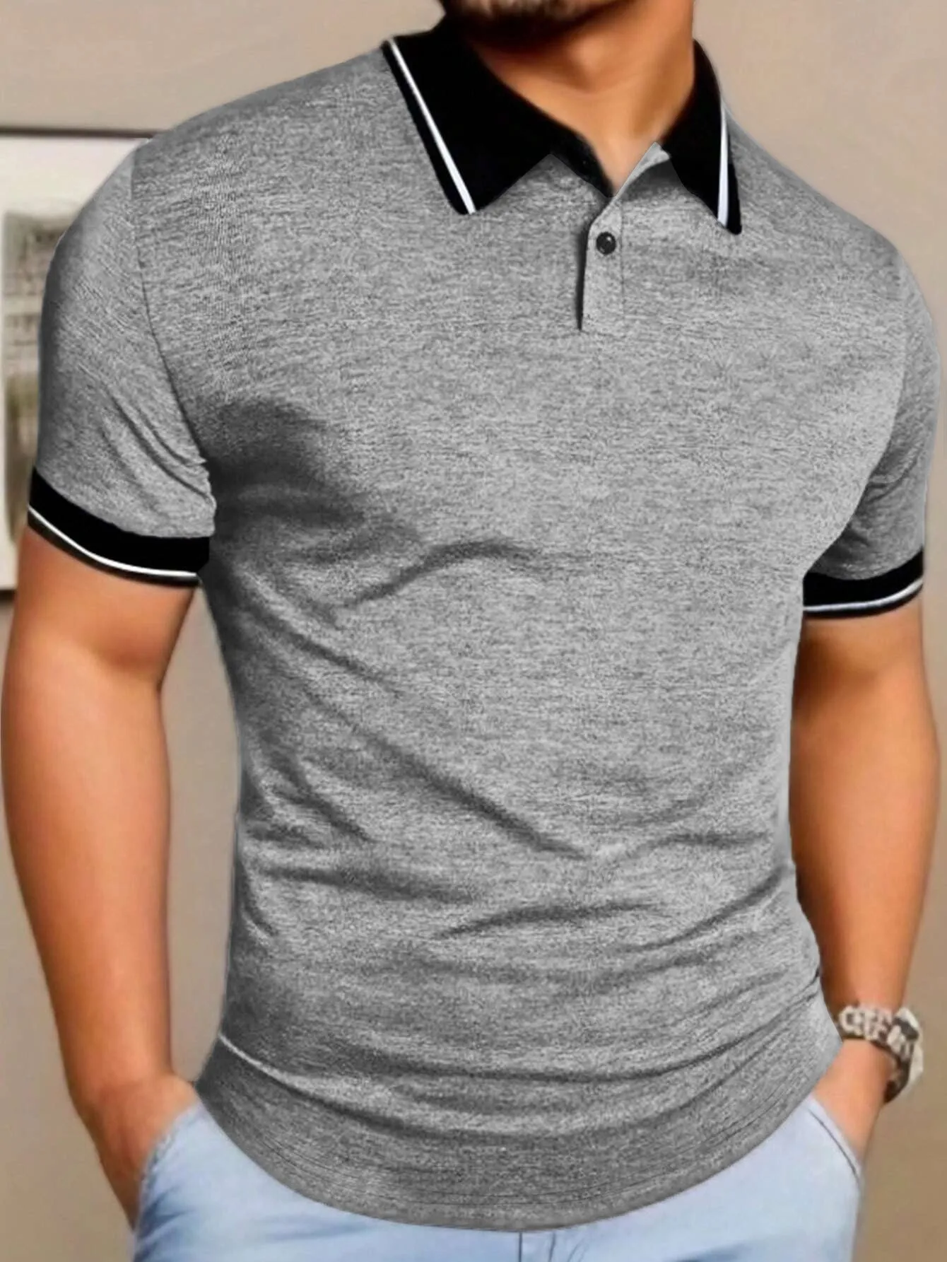 Men's casual button short sleeve business lapel shirt in solid colour polyester – black, khaki, light gray, red