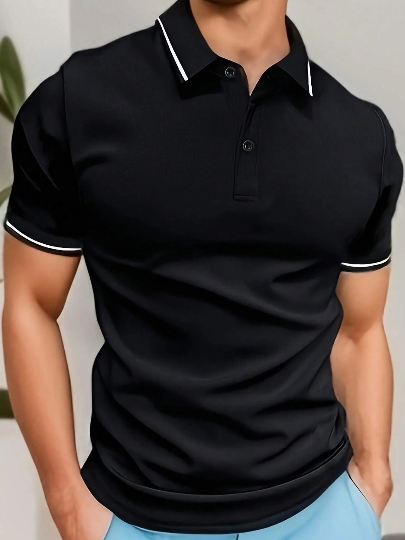 Men's casual button short sleeve business lapel shirt in solid colour polyester – black, khaki, light gray, red