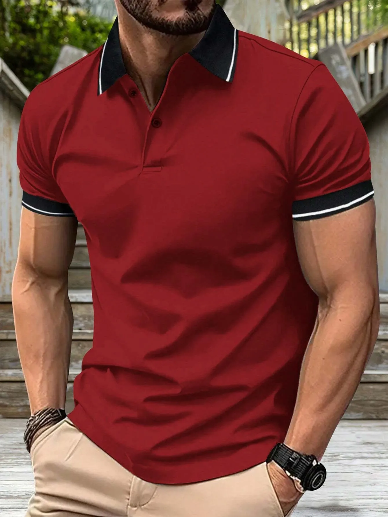 Men's casual button short sleeve business lapel shirt in solid colour polyester – black, khaki, light gray, red