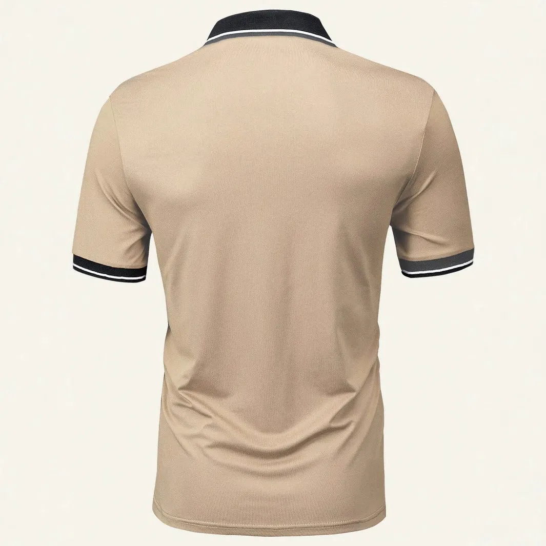 Men's casual button short sleeve business lapel shirt in solid colour polyester – black, khaki, light gray, red