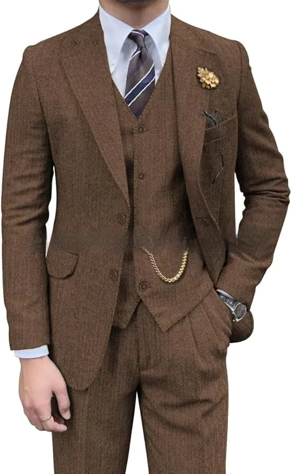 Men's wool slim fit three-piece set with jacket, vest, and trousers in light business style