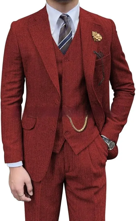 Men's wool slim fit three-piece set with jacket, vest, and trousers in light business style