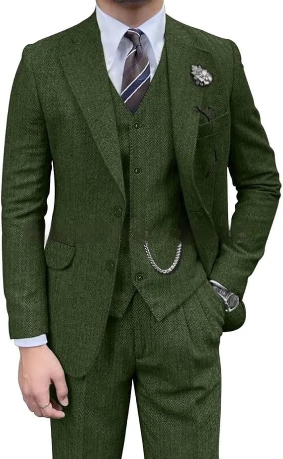 Men's wool slim fit three-piece set with jacket, vest, and trousers in light business style