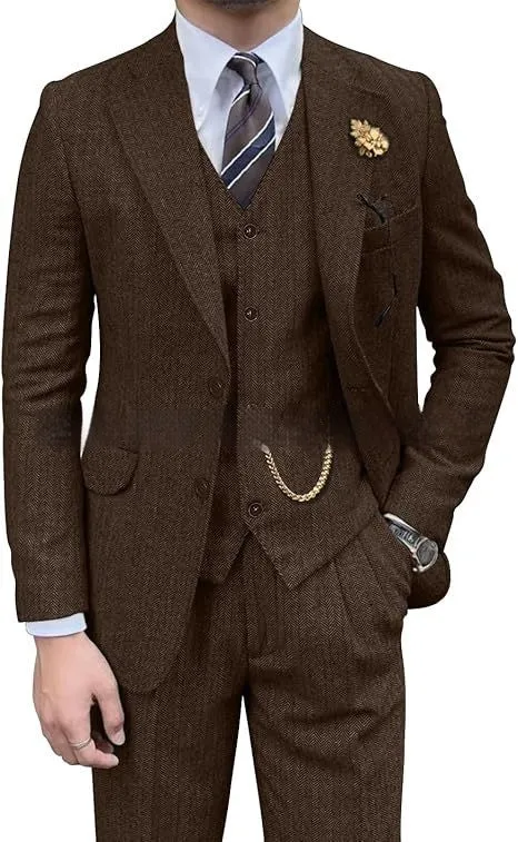 Men's wool slim fit three-piece set with jacket, vest, and trousers in light business style