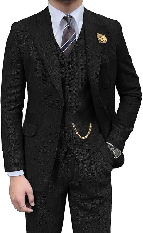 Men's wool slim fit three-piece set with jacket, vest, and trousers in light business style