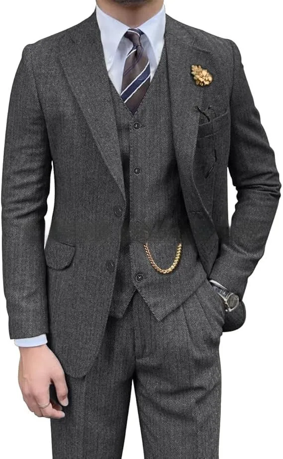 Men's wool slim fit three-piece set with jacket, vest, and trousers in light business style
