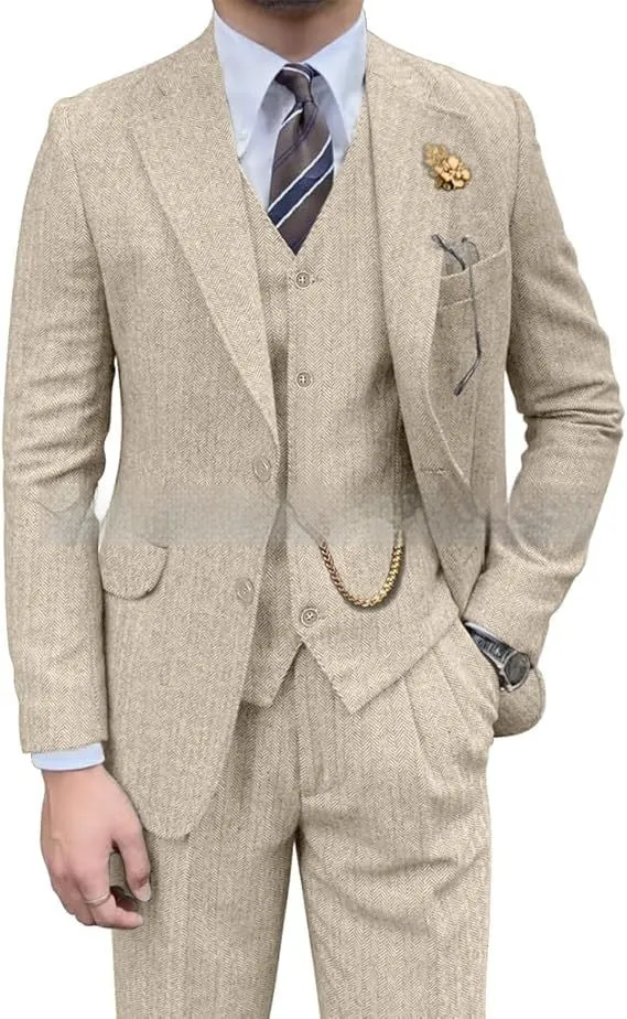 Men's wool slim fit three-piece set with jacket, vest, and trousers in light business style