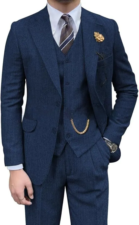 Men's wool slim fit three-piece set with jacket, vest, and trousers in light business style