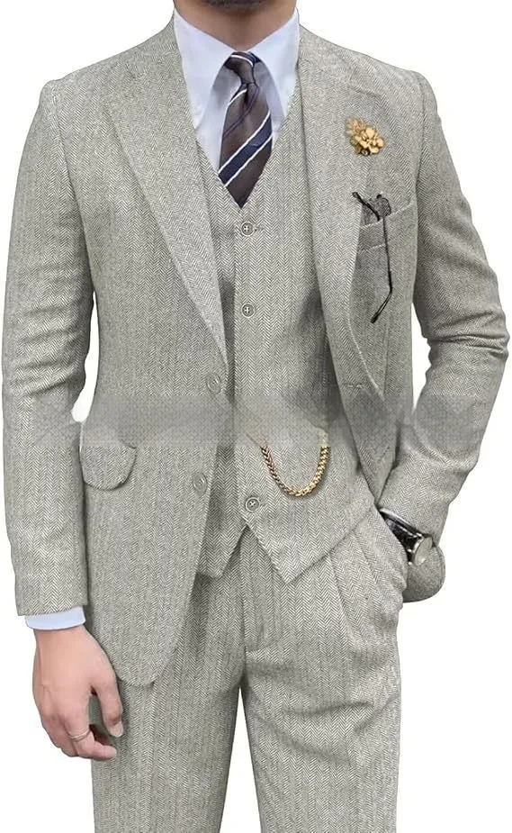 Men's wool slim fit three-piece set with jacket, vest, and trousers in light business style