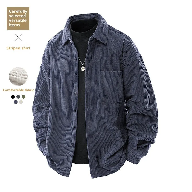 Men's corduroy shirt collar fake two-piece coat in black, front view, long sleeves, straight hem, button front
