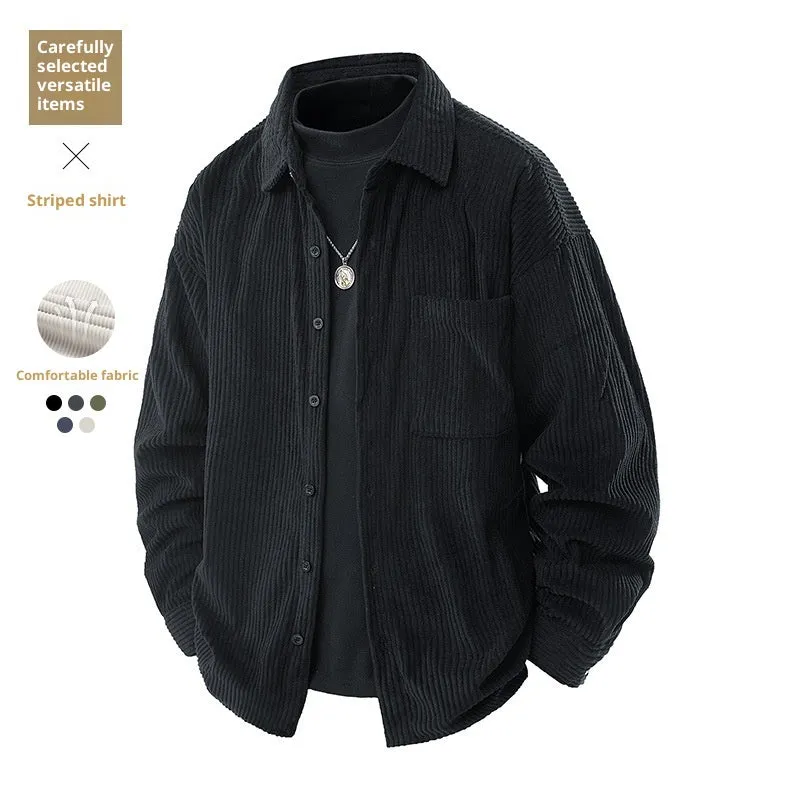 Men's corduroy shirt collar fake two-piece coat in black, front view, long sleeves, straight hem, button front