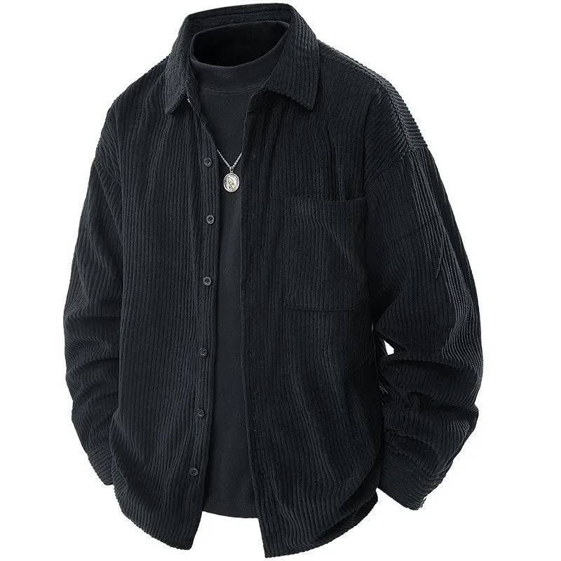 Men's corduroy shirt collar fake two-piece coat in black, front view, long sleeves, straight hem, button front