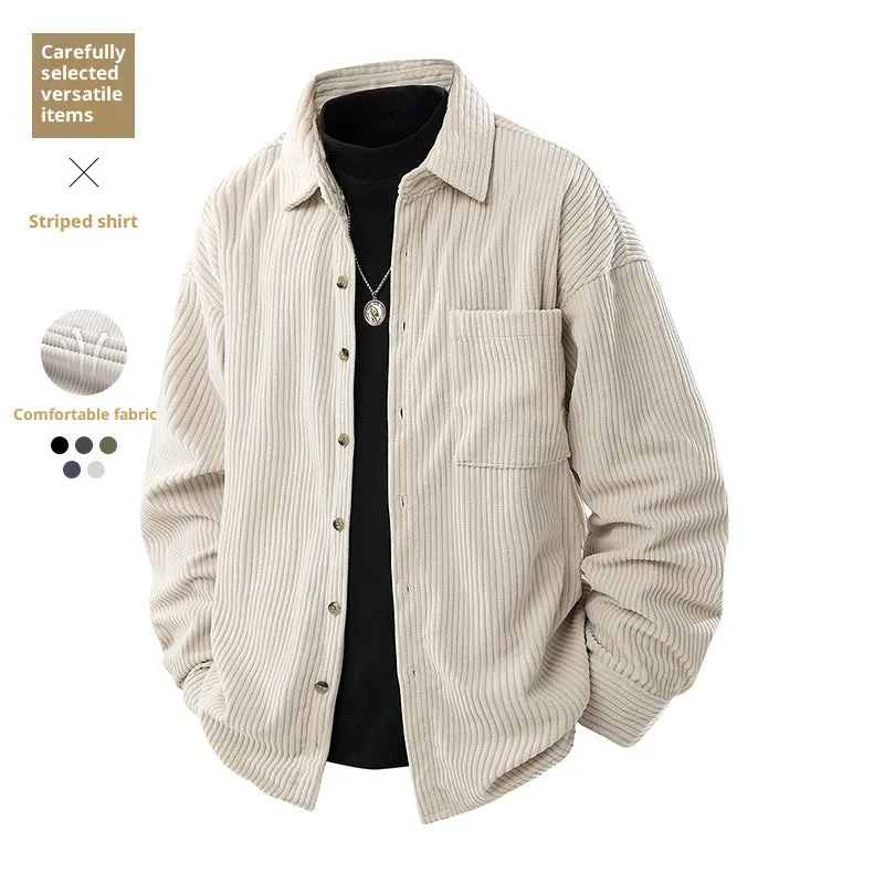 Men's corduroy shirt collar fake two-piece coat in black, front view, long sleeves, straight hem, button front