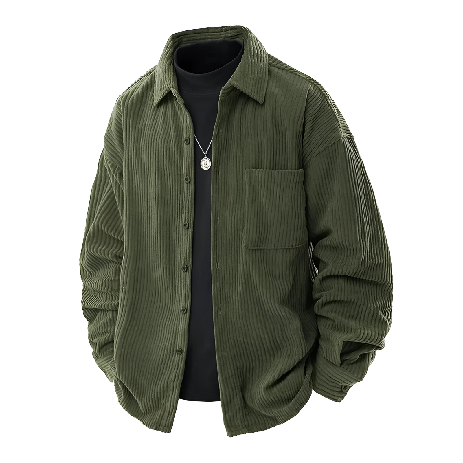 Men's corduroy shirt collar fake two-piece coat in black, front view, long sleeves, straight hem, button front