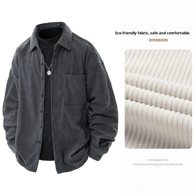Men's corduroy shirt collar fake two-piece coat in black, front view, long sleeves, straight hem, button front